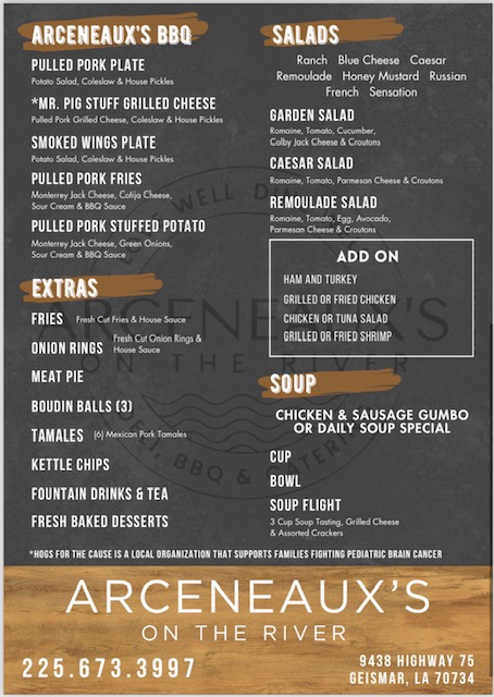 Arceneauxs on the river lunch menu and hours 2